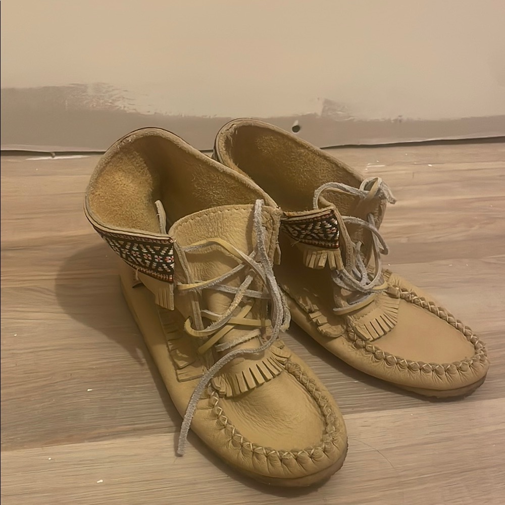 Tan Moccasin Boots with Beaded Design